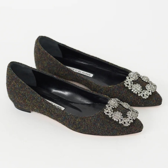 Manolo Blahnik Hangisi Green Tweed Pointed Toe Jewel Embellished Buckle Flats - Picture 1 of 4